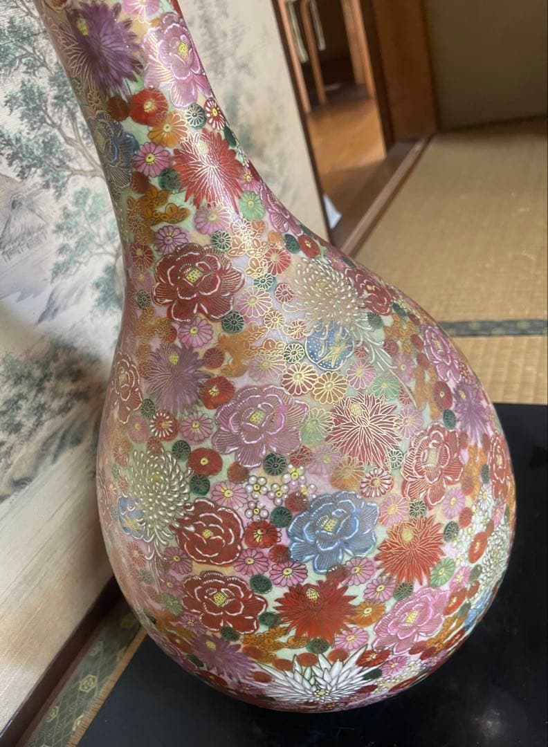 薩摩焼　飾り壺　花瓶　島津家紋入 丸十字　色絵　金彩　高さ46.5㎝ 大型　大壺