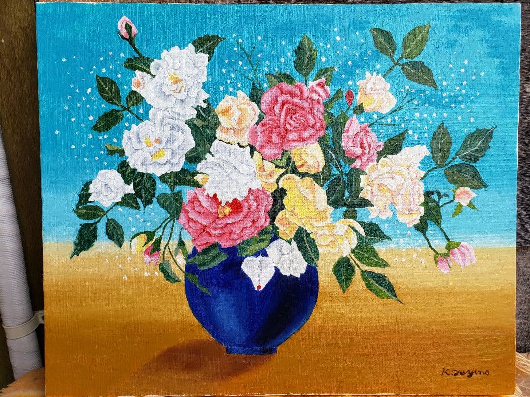 洋画家　冬野健二郎　F１２号　油彩画バラ　真作　美術年鑑　世界芸術家辞典