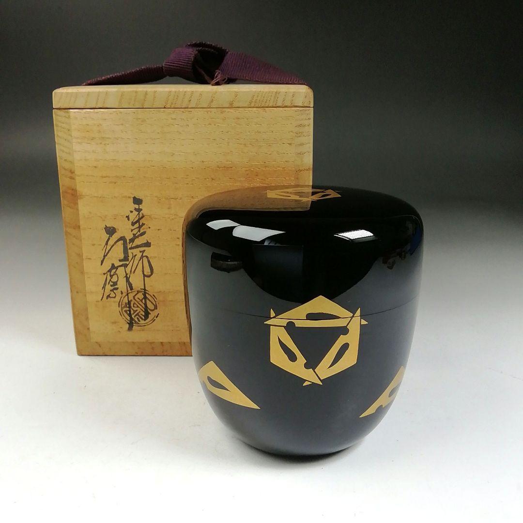 Ｔ１０００　棗　『うろこ鶴蒔絵』『内朱塗』『塗師　辻石斎』　共箱　茶道具