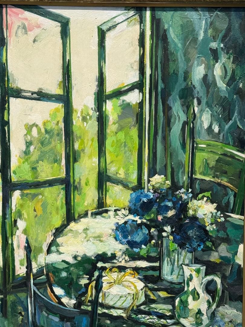 平野能子作　油彩絵　窓を開けて　直筆　示現会作品　額装　送料込み0822