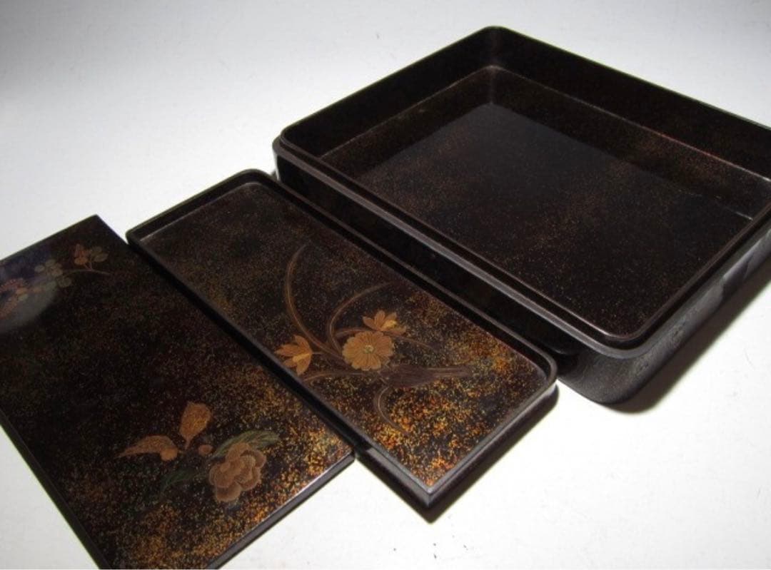 時代 硯箱 山水蒔絵 金梨地 高級感のある時代の名品！7796