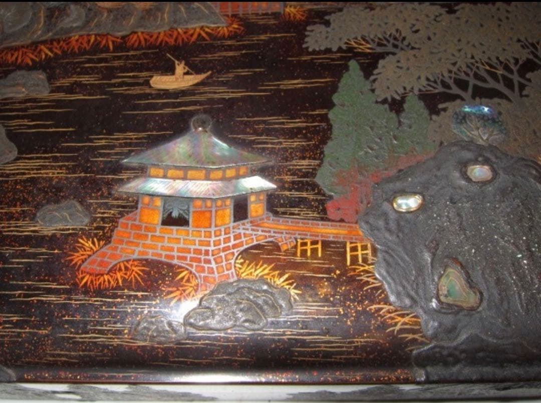 時代 硯箱 山水蒔絵 金梨地 高級感のある時代の名品！7796