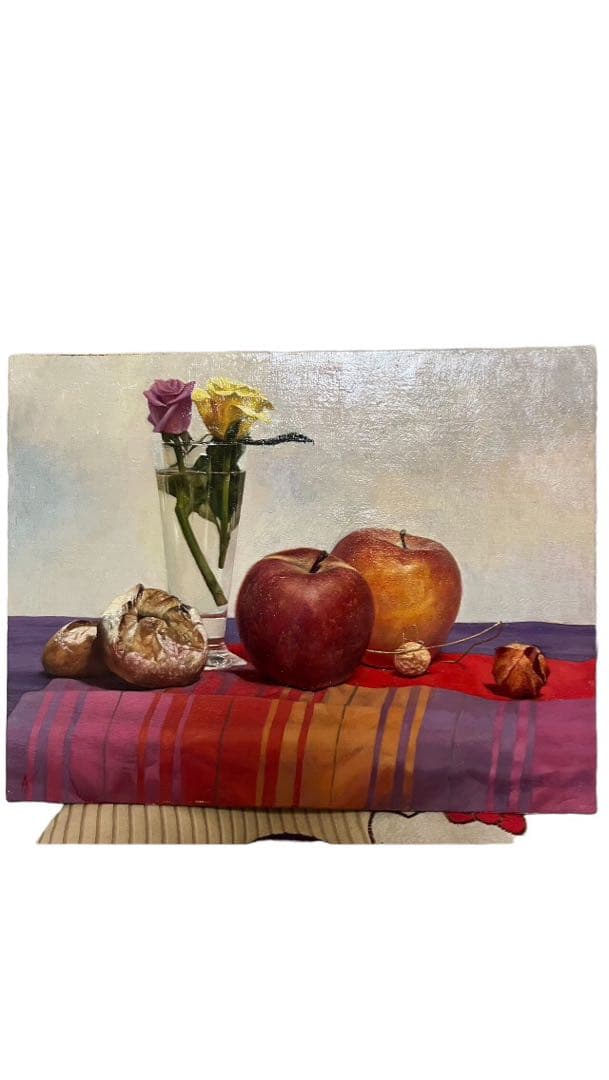 油彩画　油絵　原画　朝森武『バラとリンゴ』F6 美術品　額縁付き★美品★
