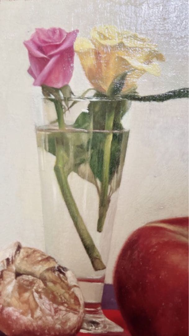 油彩画　油絵　原画　朝森武『バラとリンゴ』F6 美術品　額縁付き★美品★