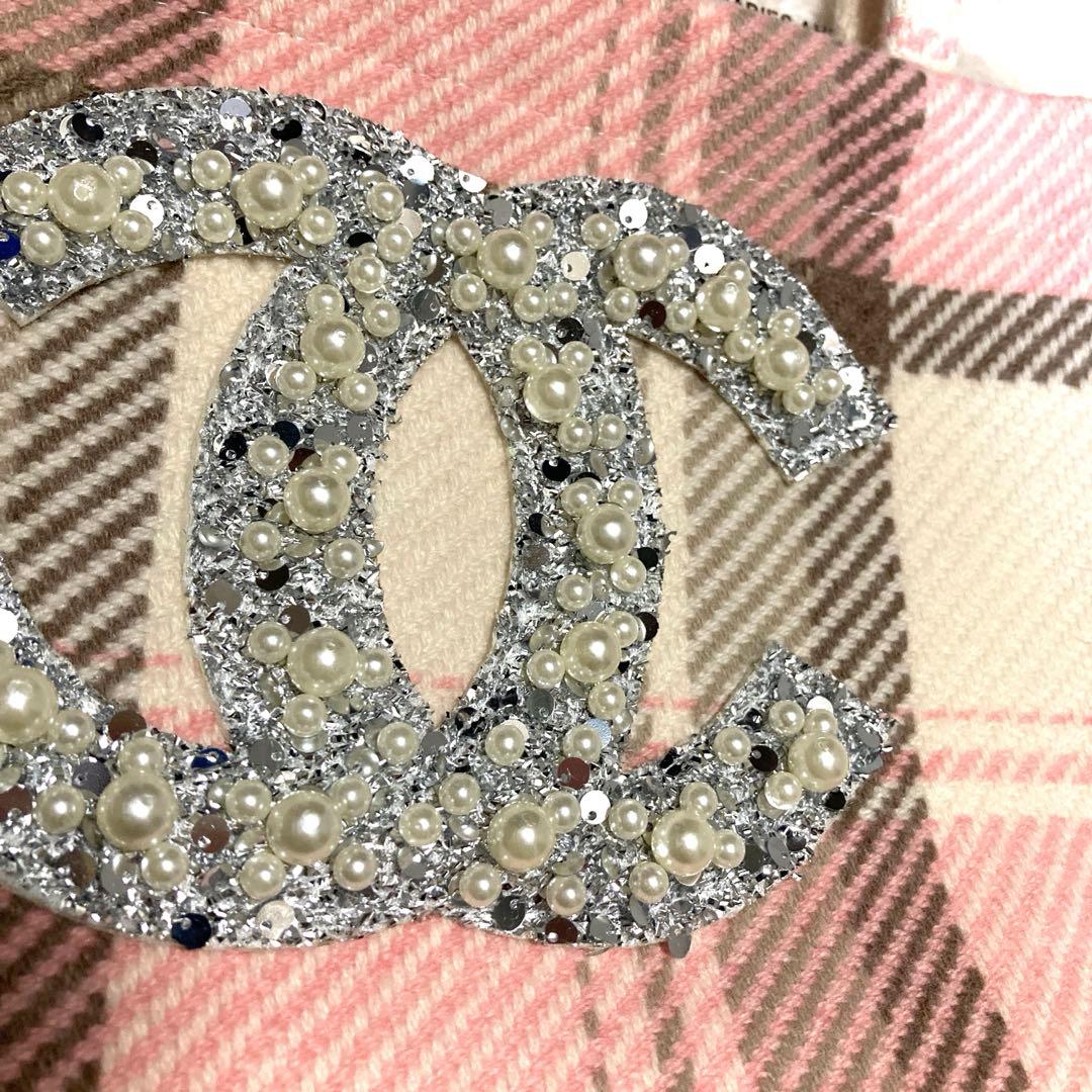 CHANEL チェック柄トートバッグ　パールスパンコール　ピンク
