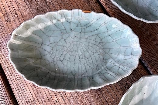 品番　t-0398 青磁葉型長皿　5枚set　古伊万里　アンティーク　古陶磁器