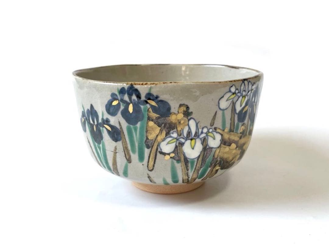茶道具　杣山焼　南口閑粋　乾山写　色絵　金彩　八ツ橋　茶碗　共箱 あやめ　桔梗