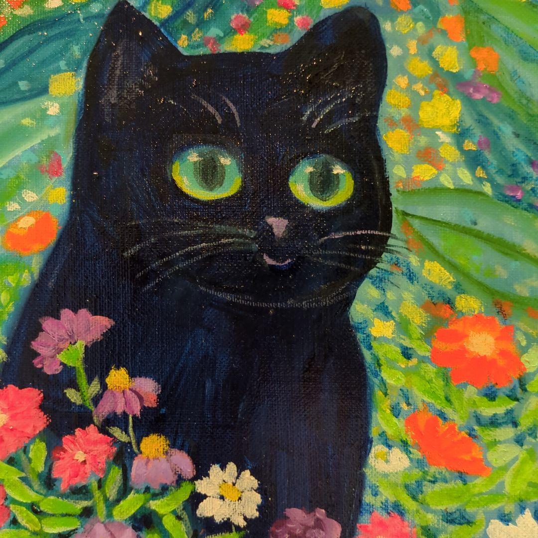 キャンバス油絵　専用   黒猫ガーデン　クリムト風フラワーガーデン