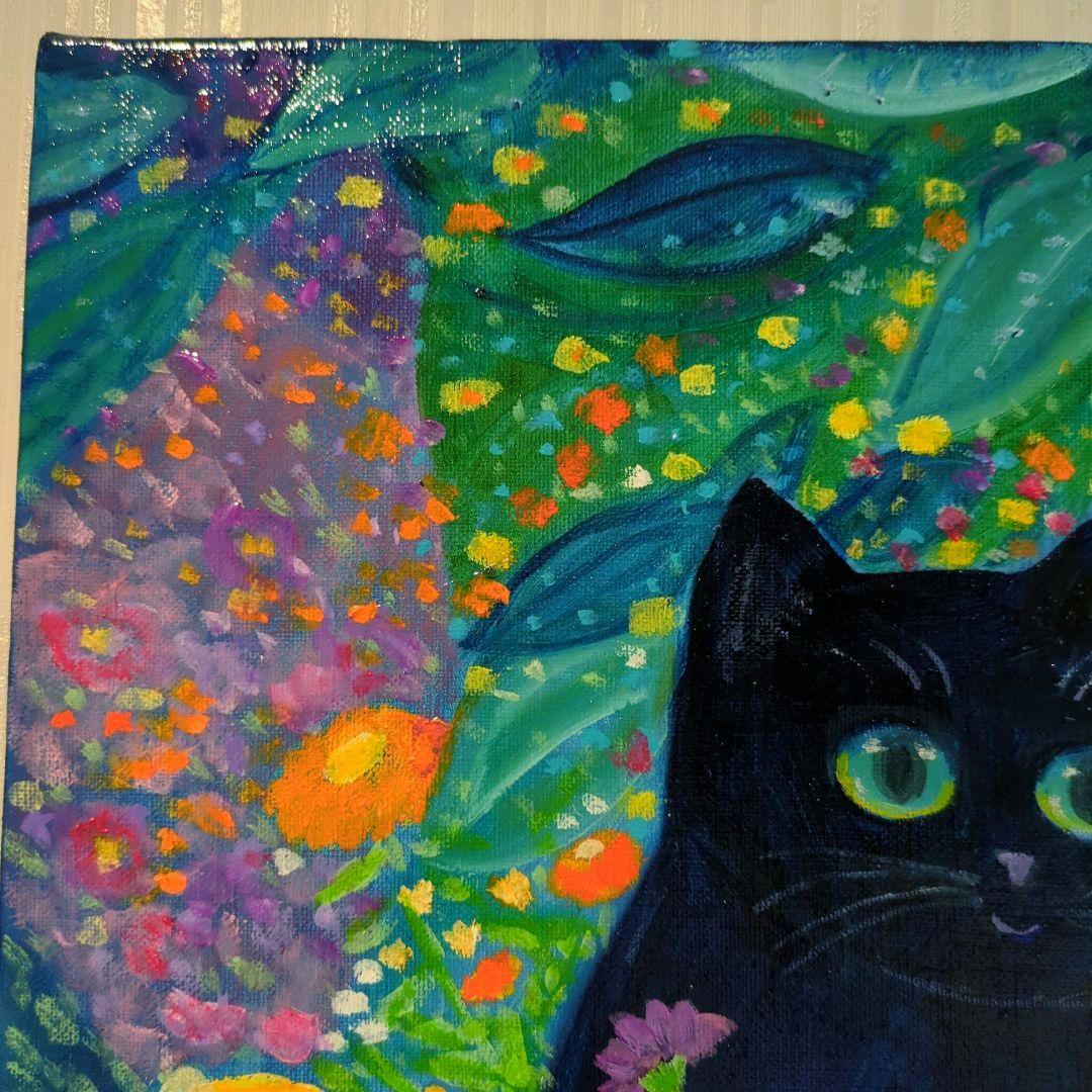 キャンバス油絵　専用   黒猫ガーデン　クリムト風フラワーガーデン