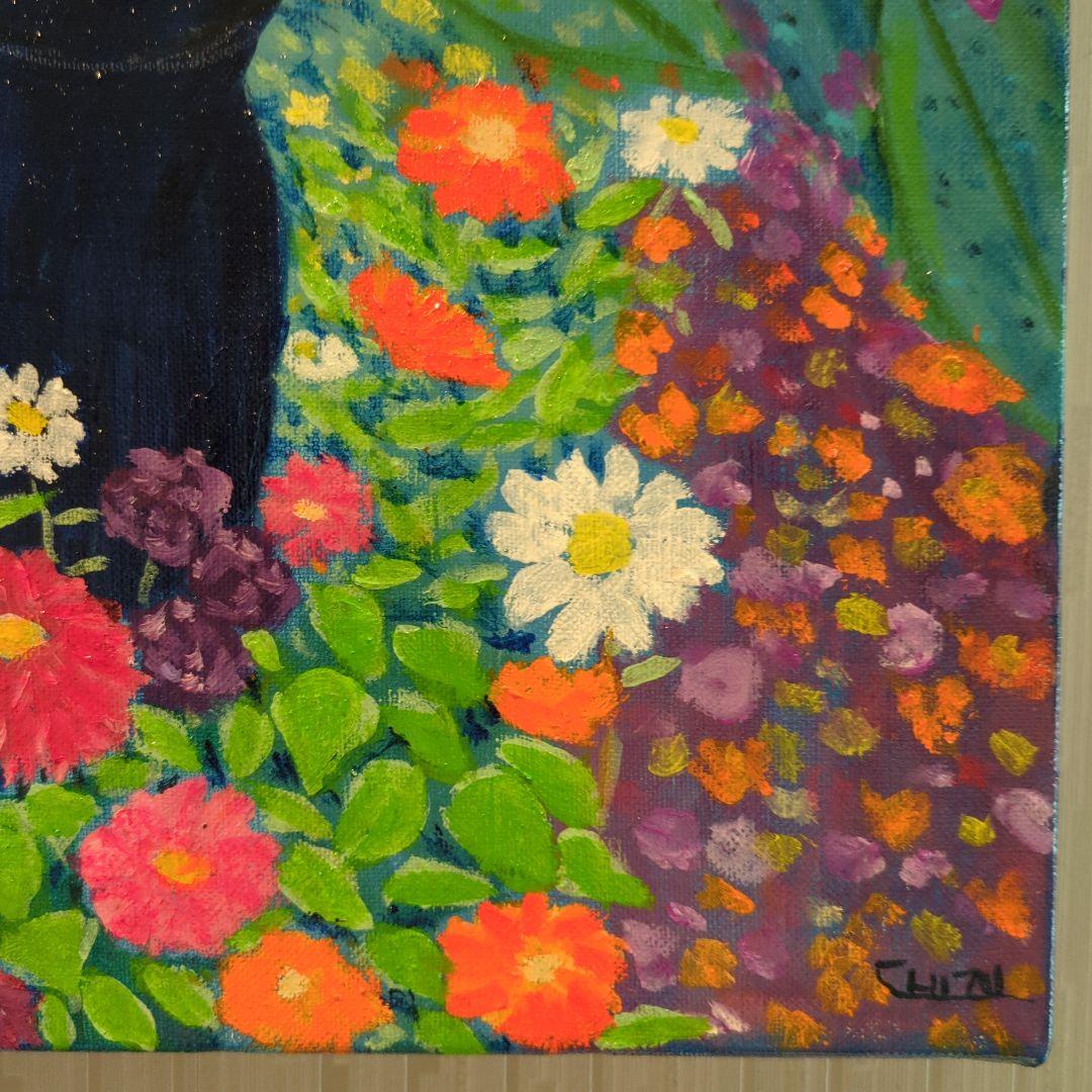 キャンバス油絵　専用   黒猫ガーデン　クリムト風フラワーガーデン