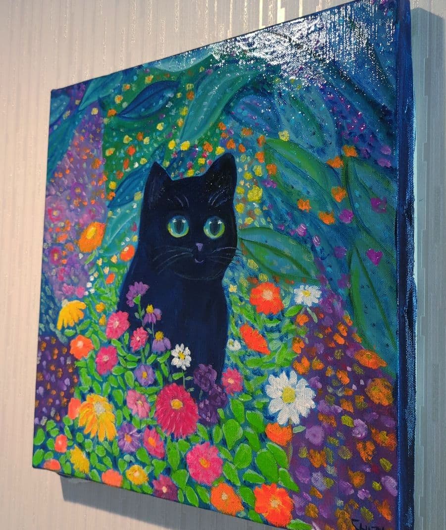 キャンバス油絵　専用   黒猫ガーデン　クリムト風フラワーガーデン