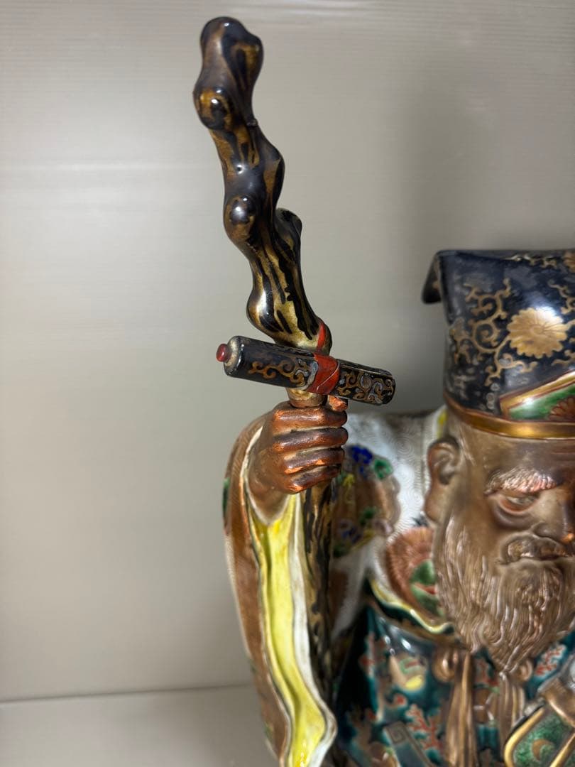 2281 九谷焼 古九谷 金彩色絵七福神 寿老人像 置物　特大　高50cm時代物