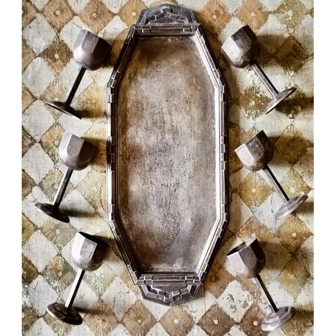 1900s フランス 多数派オクトゴナル リキュールカップとトレイ アンティーク