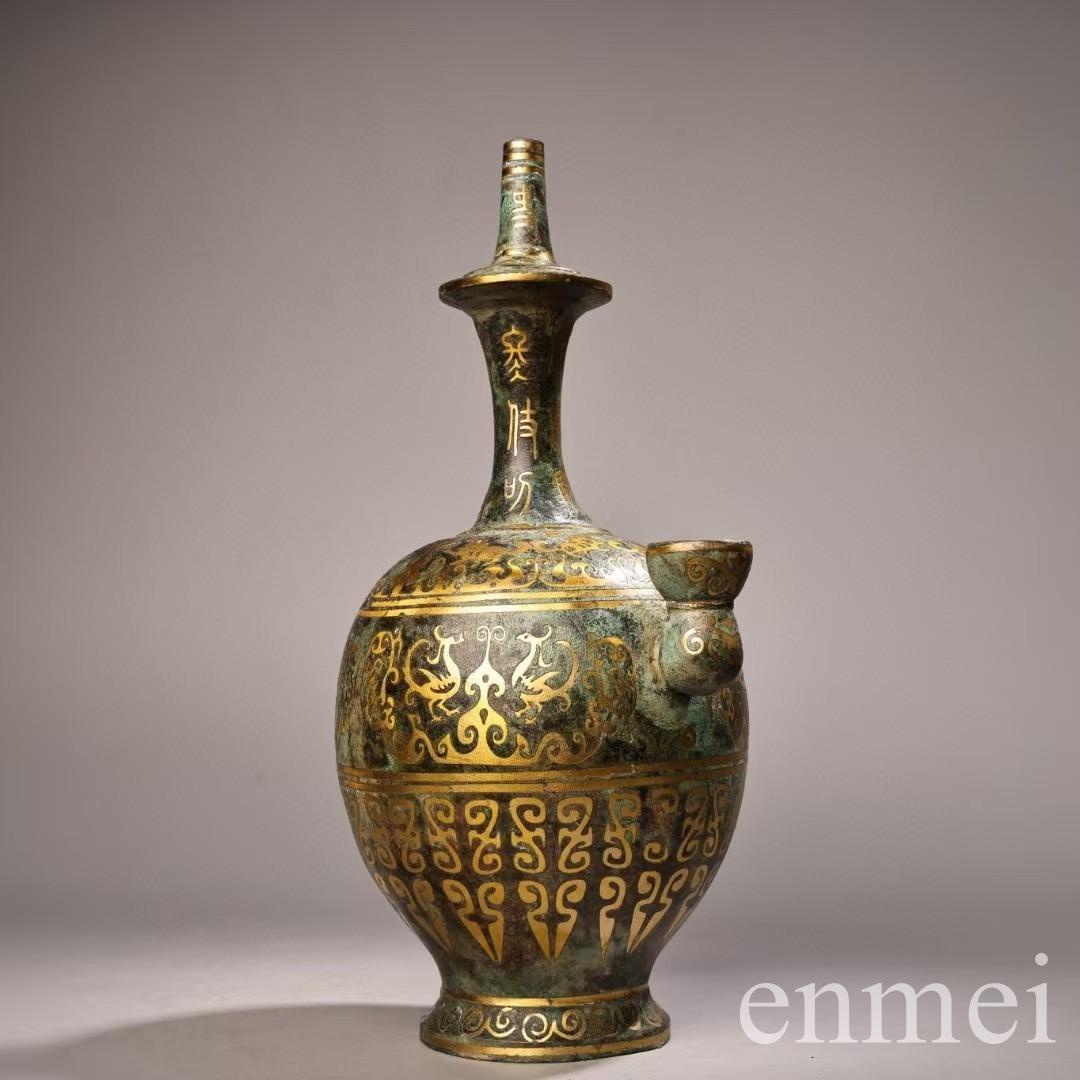 中国古美術・旧蔵搓金装飾と銘文入りの青銅製酒壺と油灯・青銅・純手作り・置物・酒壺