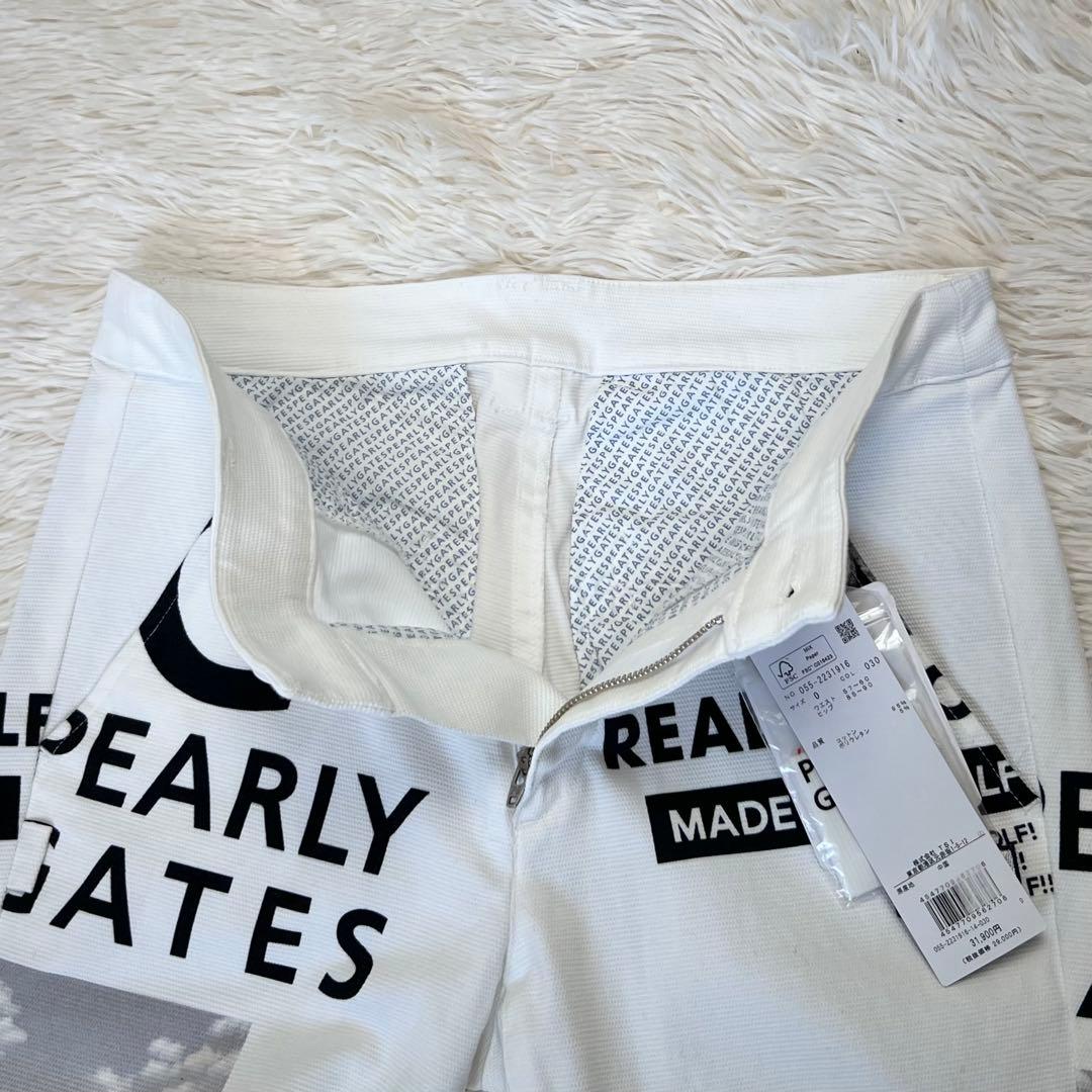 新品 パーリーゲイツ ストレッチ ロングパンツ ゴルフ コラージュ柄 白