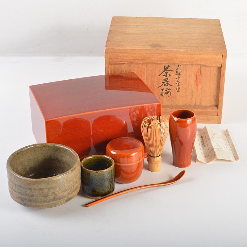 茶道具　飛騨春慶塗　茶箱　茶器揃　茶碗　棗など　五点　一式　共箱　D　R7433