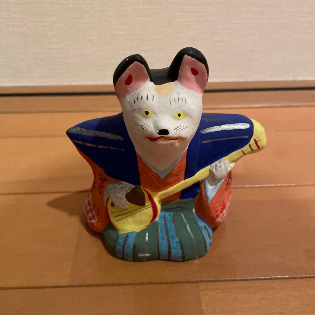 招き猫　小幡人形　土人形　細居文造　三味線猫　伝統工芸品