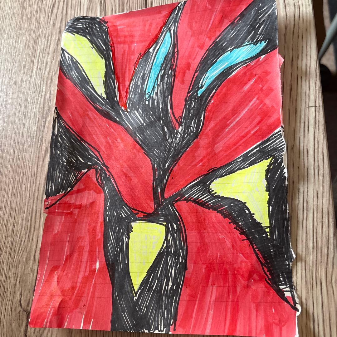 水彩画 抽象画 赤 黒 青 黄