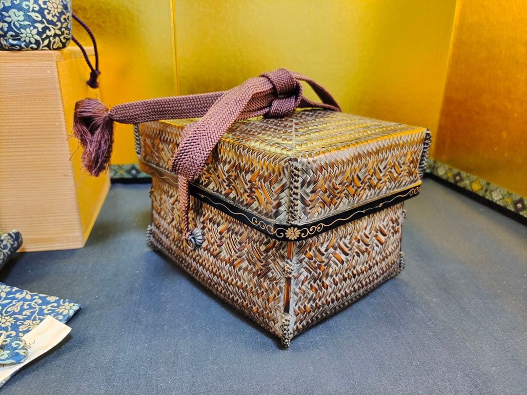 島田竹宝斎　竹工芸作家　竹編御所籠一式揃　茶箱　高級茶籠　茶道具　点前道具　共箱