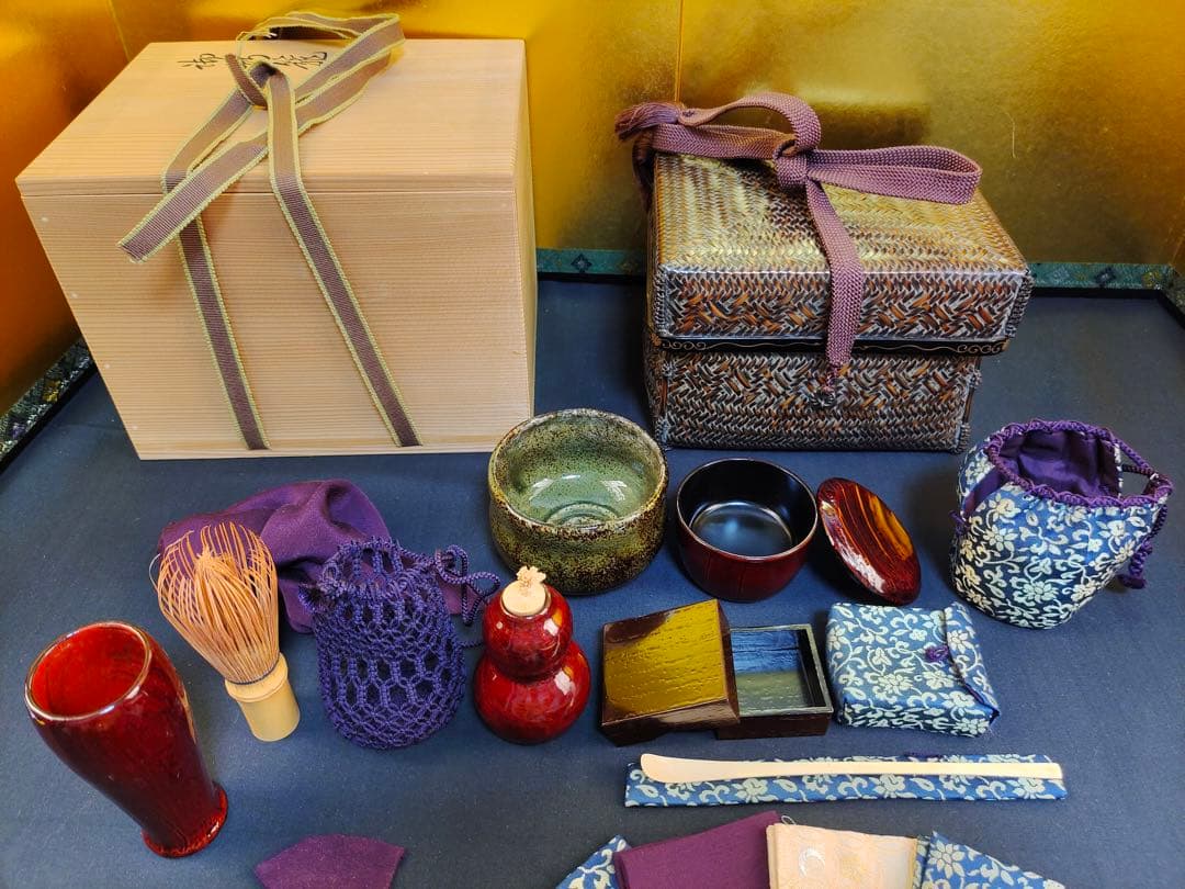 島田竹宝斎　竹工芸作家　竹編御所籠一式揃　茶箱　高級茶籠　茶道具　点前道具　共箱