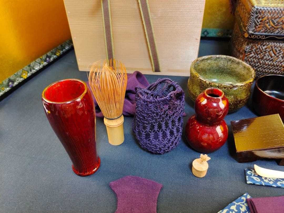 島田竹宝斎　竹工芸作家　竹編御所籠一式揃　茶箱　高級茶籠　茶道具　点前道具　共箱