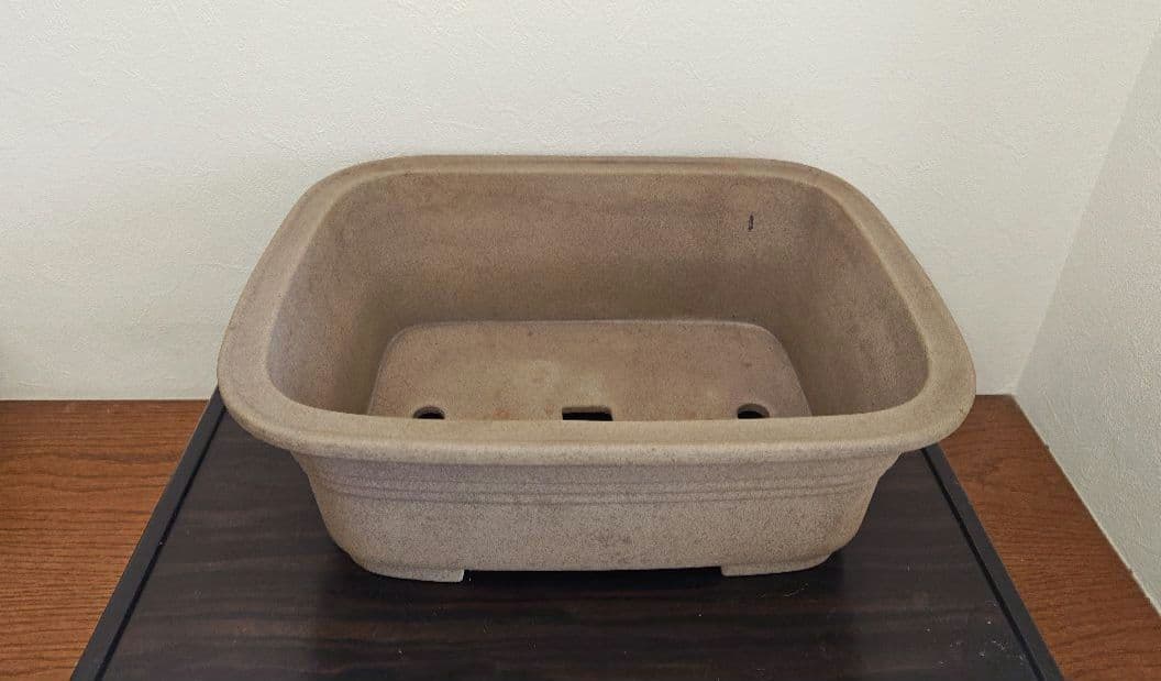 陶器製黄土色盆栽鉢　長方形　大型 約47.5cm×35.5cm×18cm 落款