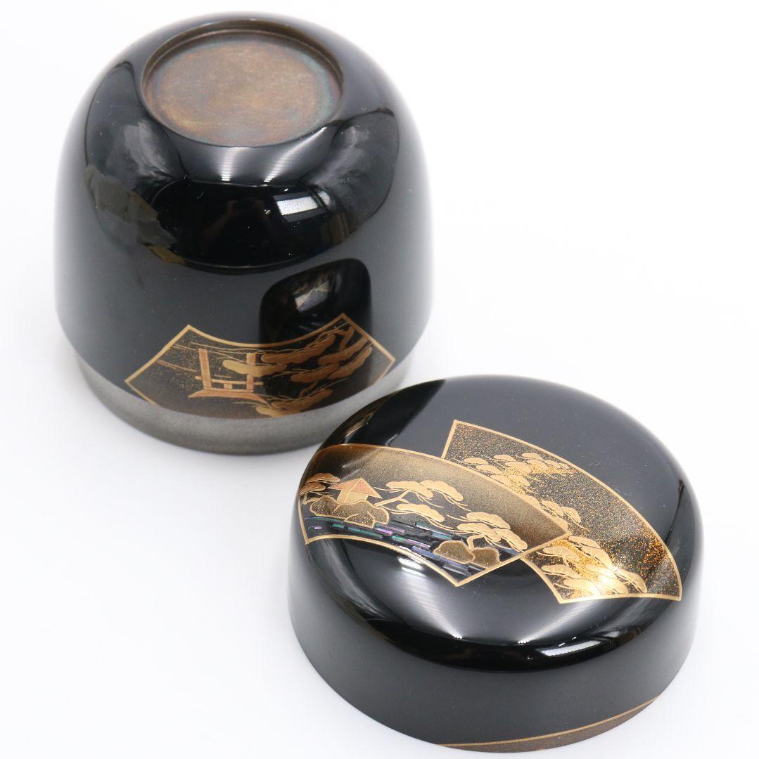 竹内幸斎作 扇面三景蒔絵 中棗 内銀溜塗 茶道具 共箱　AE631　NT9