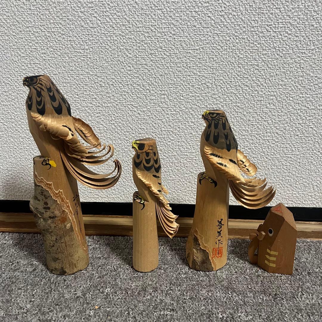 郷土玩具　笹野一刀彫　お鷹ぽっぽ　尾長鶏ポッポ 鷹の彫刻鶏の彫刻　９点セット