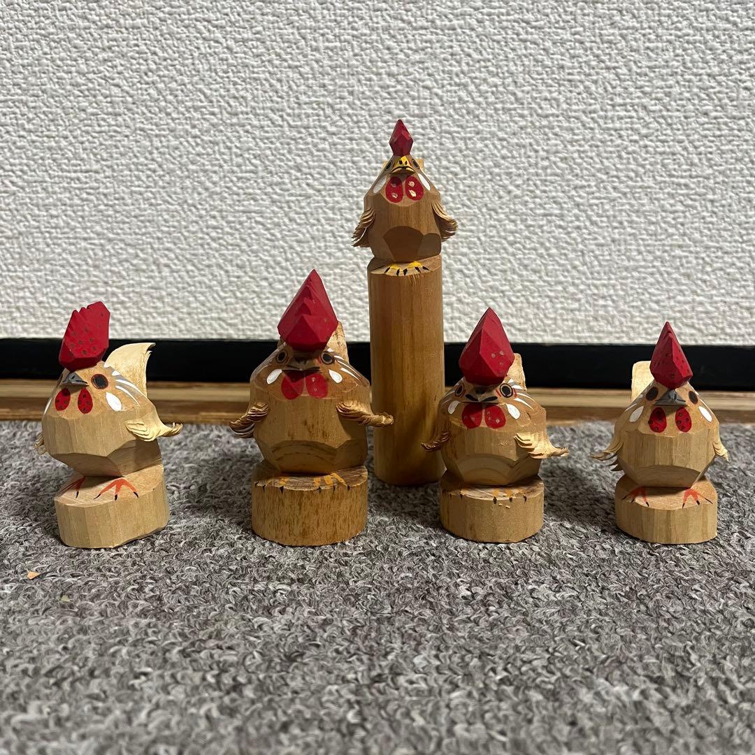 郷土玩具　笹野一刀彫　お鷹ぽっぽ　尾長鶏ポッポ 鷹の彫刻鶏の彫刻　９点セット