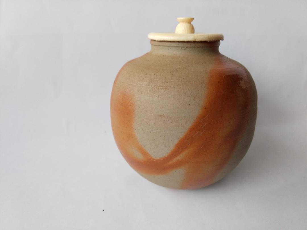 備前火襷焼 文琳茶入 木村陶峰 作 仕覆 波上梅花紋 茶道具 共箱 茶入 美品