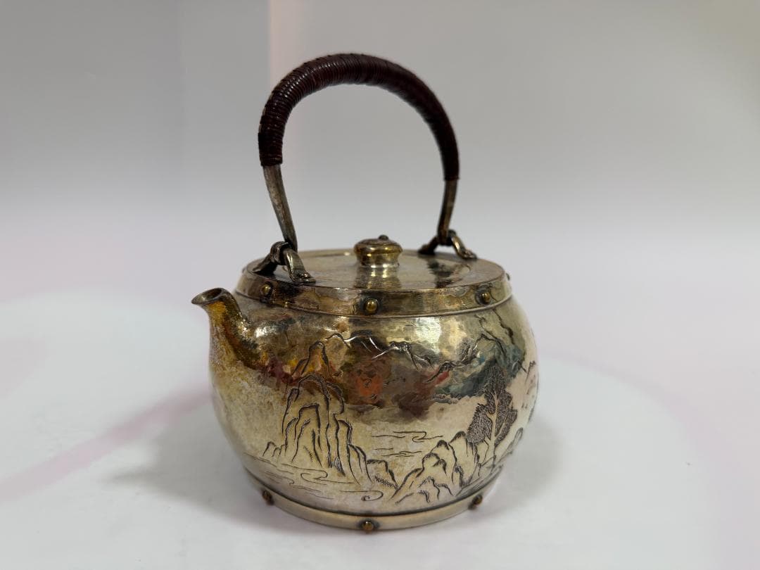 純銀製 山水図彫 象嵌 湯沸 銀瓶 煎茶道具