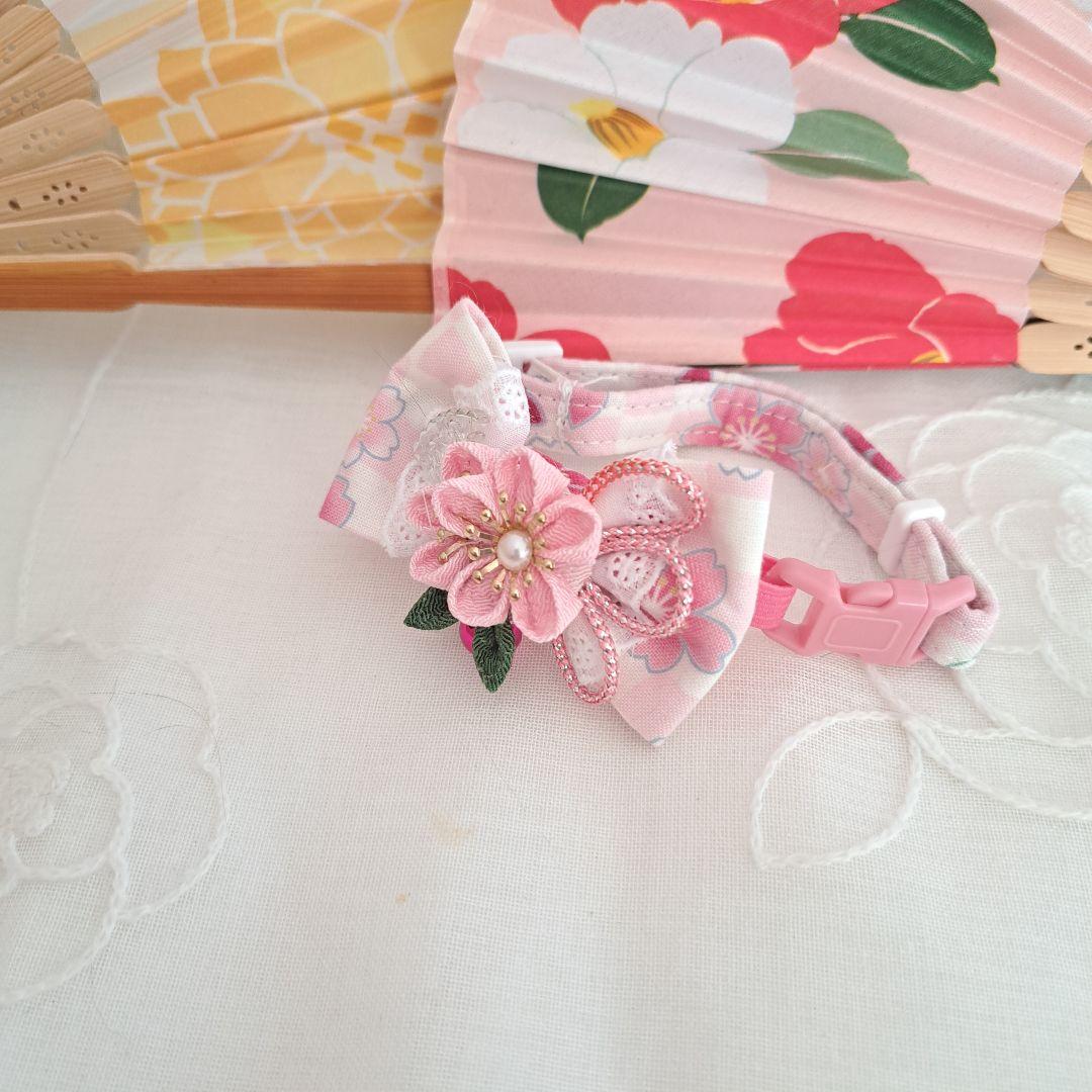 お正月、つまみ細工シングルリボン(ピンク③)わんちゃん猫ちゃん用首輪