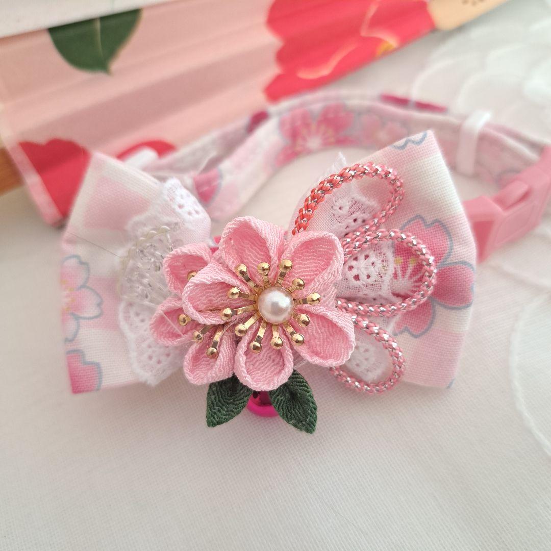 お正月、つまみ細工シングルリボン(ピンク③)わんちゃん猫ちゃん用首輪