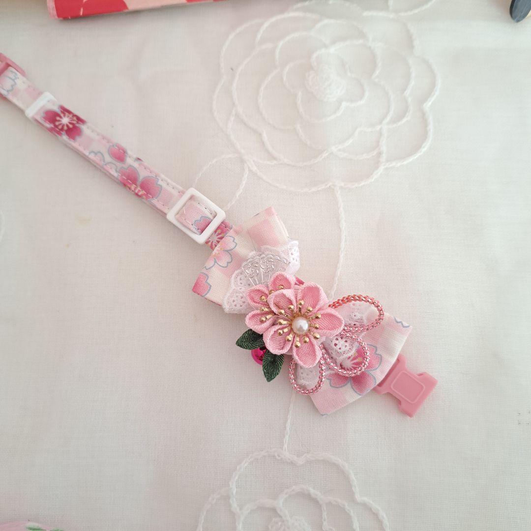 お正月、つまみ細工シングルリボン(ピンク③)わんちゃん猫ちゃん用首輪