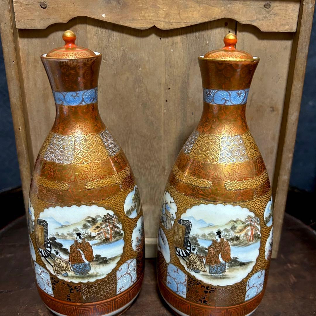 最上級　南魚沼市旧家蔵出品　金彩窓絵図　蓋付徳利　無傷　本物保証