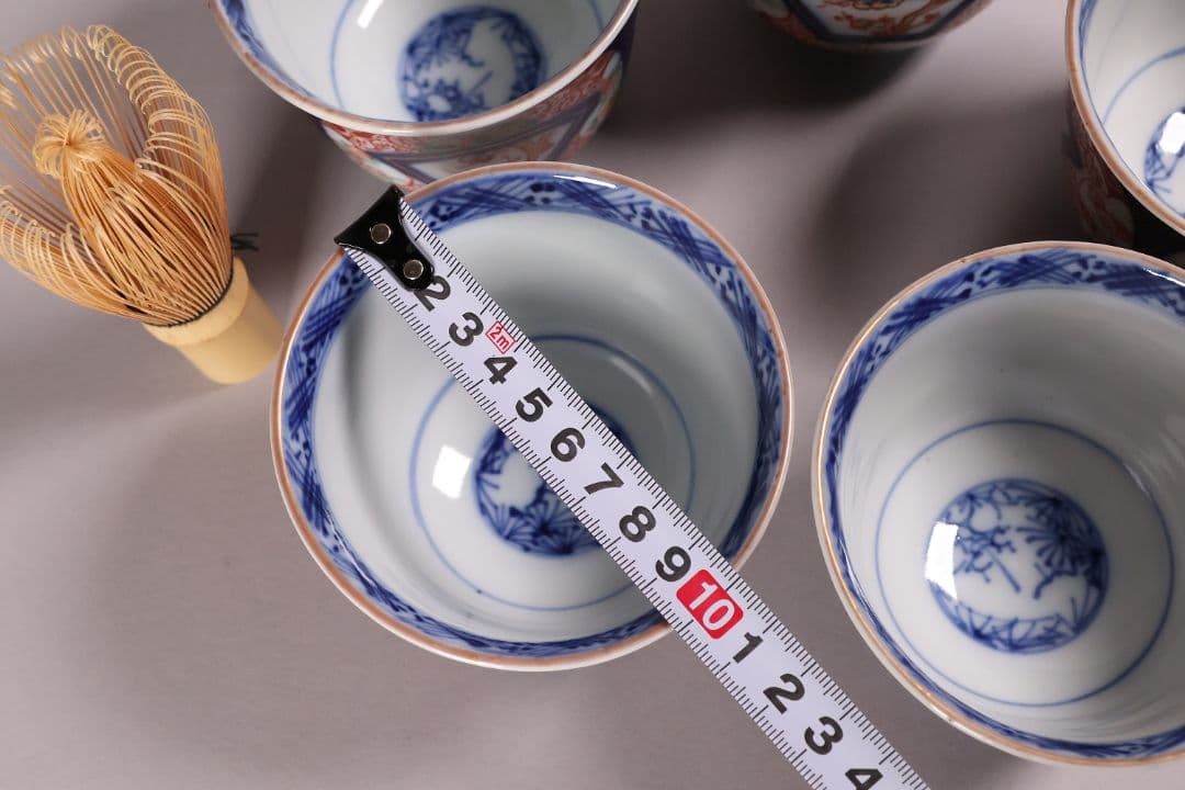 【CM125】古伊万里 扇面 色絵向付 五客 猪口 小鉢 扇面 草花 唐草 錦