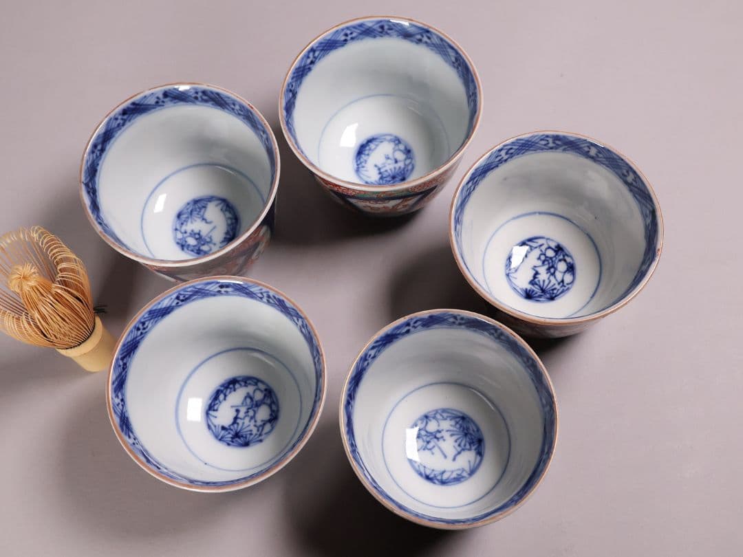 【CM125】古伊万里 扇面 色絵向付 五客 猪口 小鉢 扇面 草花 唐草 錦