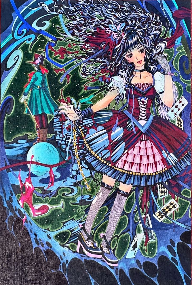 真作　Fukasawa Naoko「Blue Moon」水彩 ゴスロリ　アリス