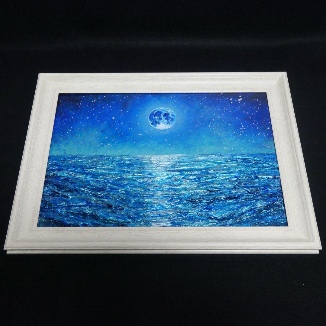 油絵 油彩 油彩画 絵 絵画 【青い満月と輝く海】