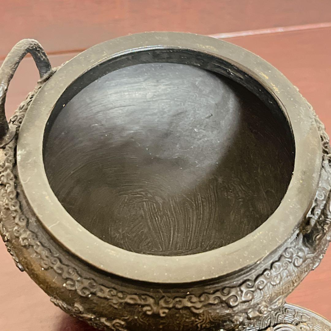 龍神 蓋付 三足香炉 銅器 昇龍 緻密細工 瑞雲 縁起物 香道具 骨董