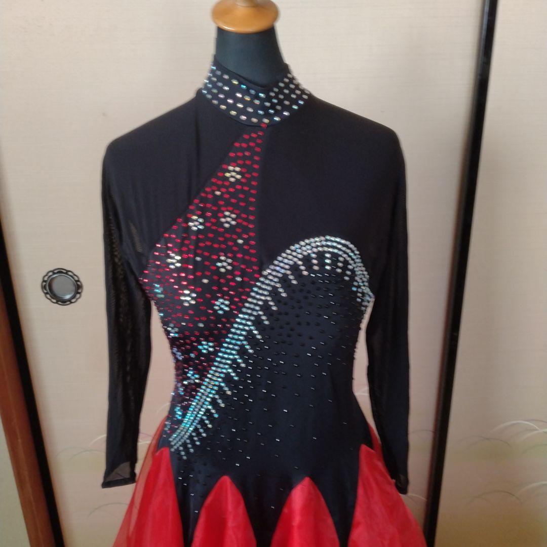 社交ダンス黒赤ドレス　L サイズ スパンコール装飾