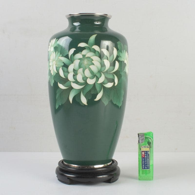 七宝焼　相互七宝謹製　緑釉　花文　花瓶　唐木台付　共箱　V　9837A