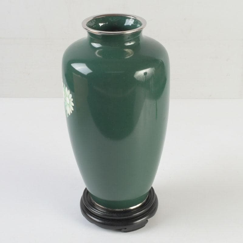 七宝焼　相互七宝謹製　緑釉　花文　花瓶　唐木台付　共箱　V　9837A