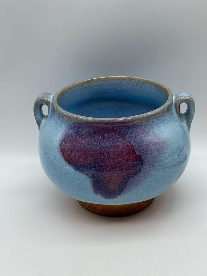 明时代 鈞窯青磁 澱青月白釉紫斑 双糸耳香炉 水丞 【旧家蔵出し】(A-106)