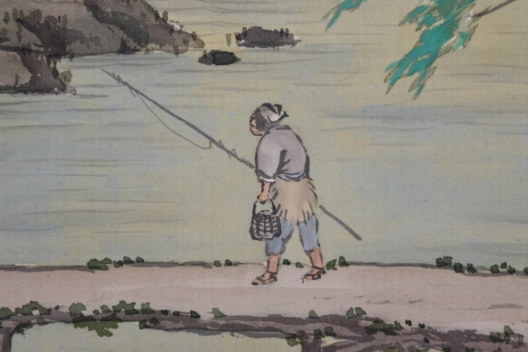 【真作】梶野玄山/春渓釣り人図/掛軸☆宝船☆AB-291