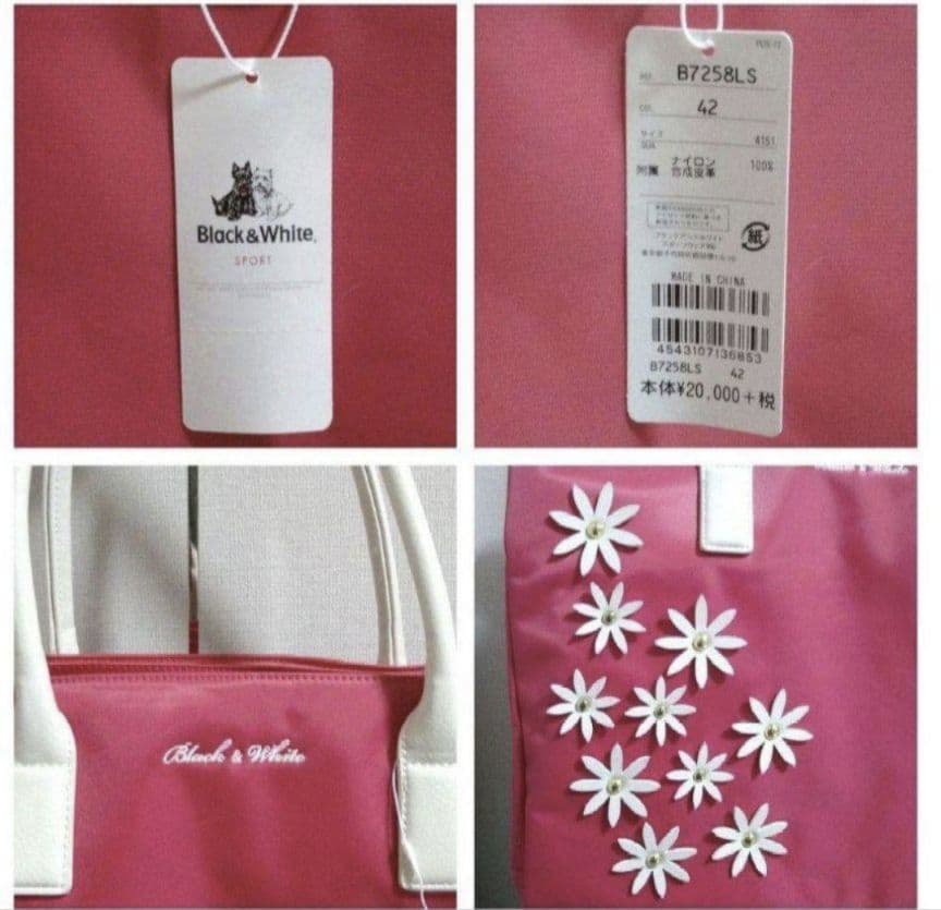 新品 Black＆White/ブラック&ホワイト 立体花柄 トートバッグ ピンク