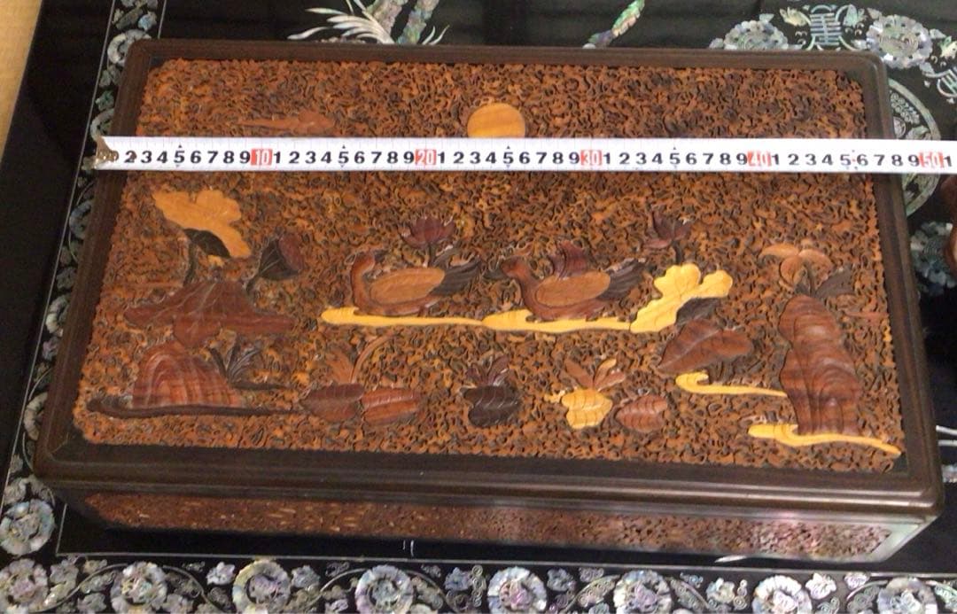 ⭐️特別⭐️紫檀 象嵌 おしどり花鳥月雲 大きな文箱 中国で購入アンティーク レア