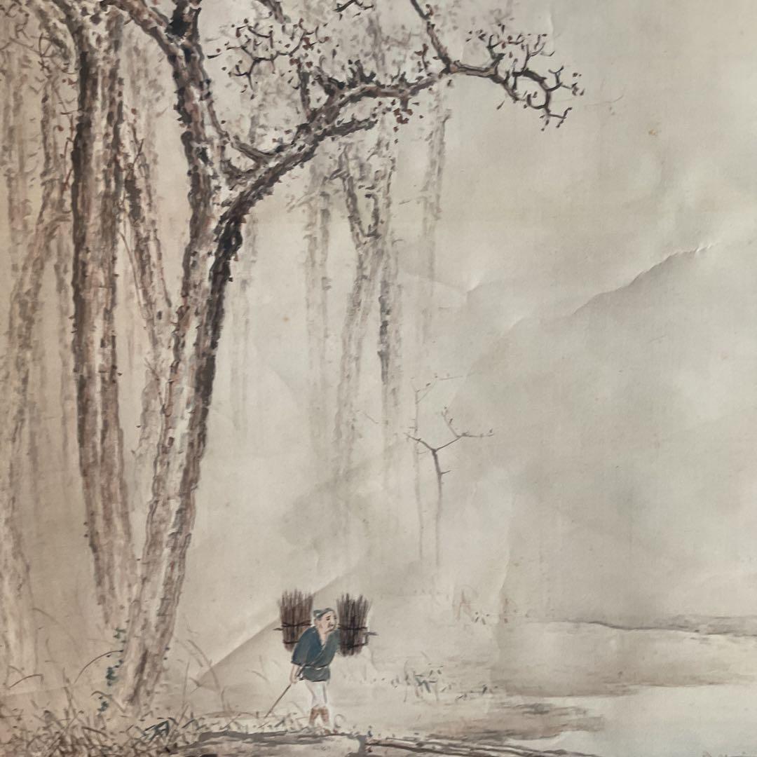 風景画 絹本 作者 題目不詳 軸先漆木細工軸