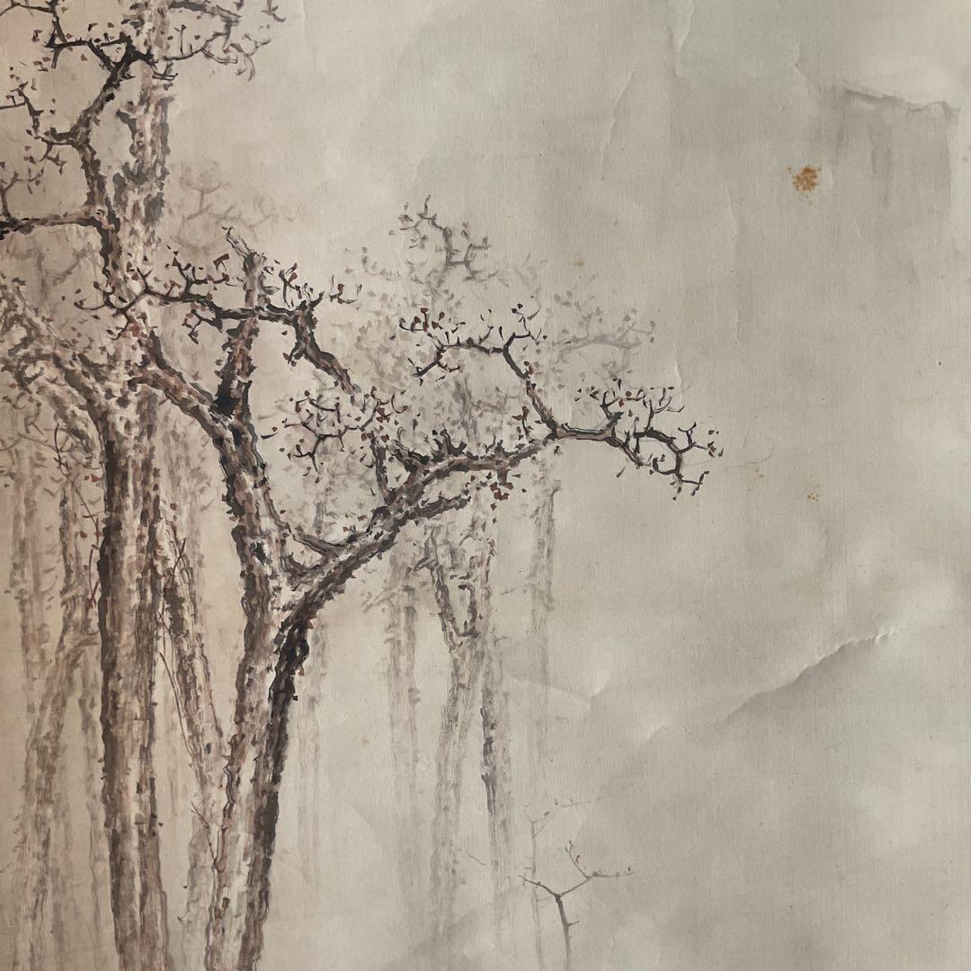 風景画 絹本 作者 題目不詳 軸先漆木細工軸