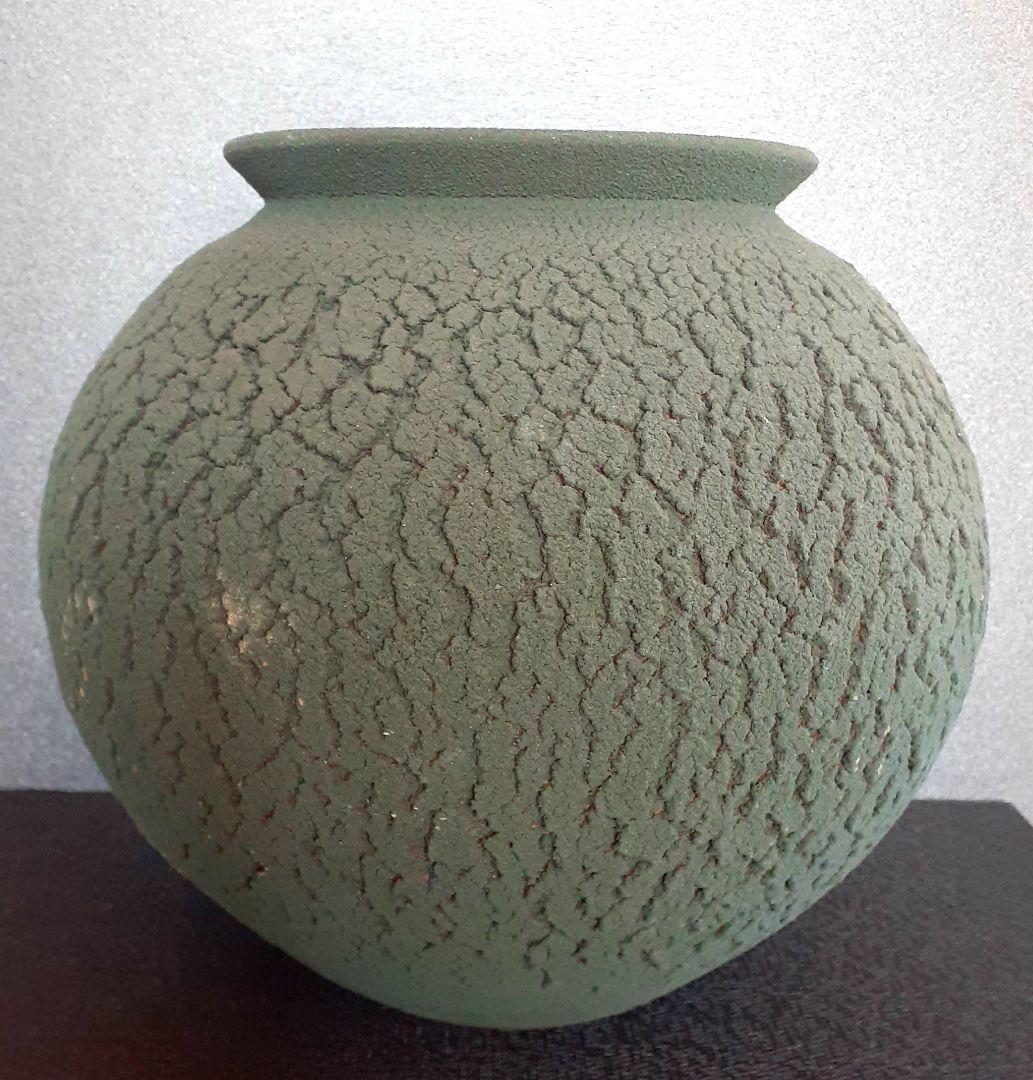 益子焼　【河原建雄】作　松皮紋　苔釉　大壺　花入れ　花瓶　共箱　陶歴書　オブジェ